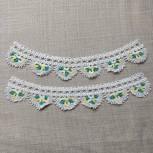 Set of 2 lace towel edges, borders, hand crocheted, floral, yellow, green, NEW
